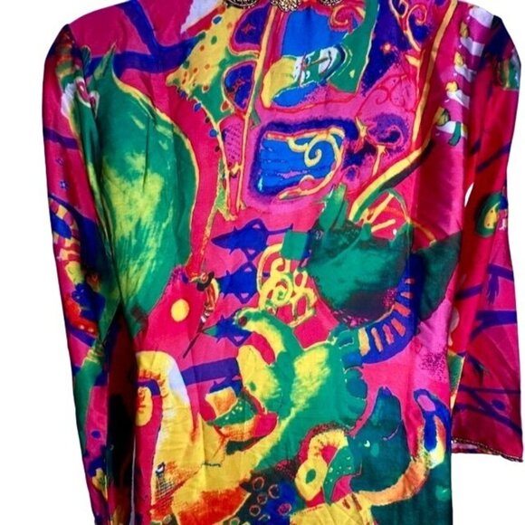 Vintage Hand Beaded Kaftan Dress With Vibrant Abstract Print 3/4 Sleeves Size M - Picture 5 of 14